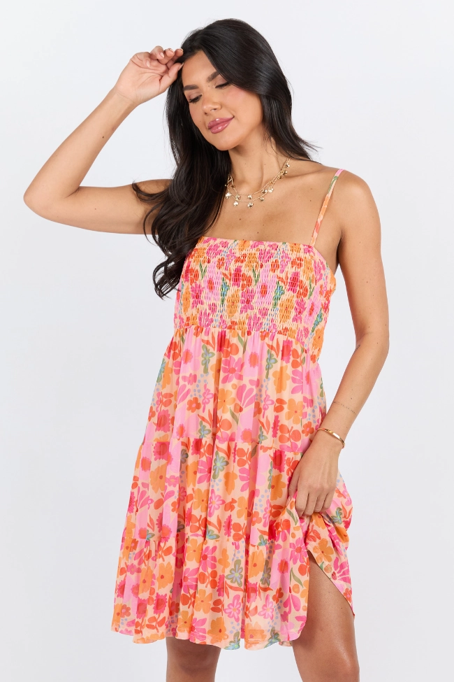 OdorControlTreatment I Know A Place Orange And Pink Floral Smocked Mini Dress FINAL SALE