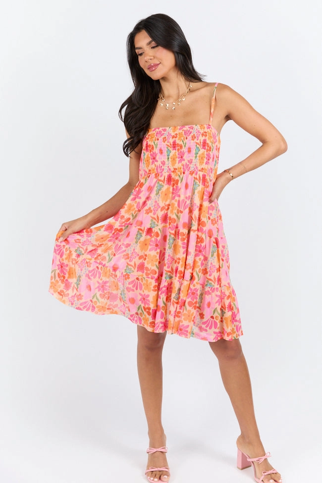London Cool Daily Essential I Know A Place Orange And Pink Floral Smocked Mini Dress FINAL SALE