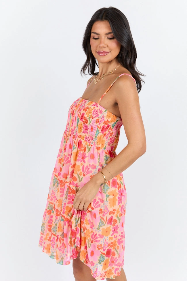 Flattering Style Fit Flattering Silhouette I Know A Place Orange And Pink Floral Smocked Mini Dress FINAL SALE