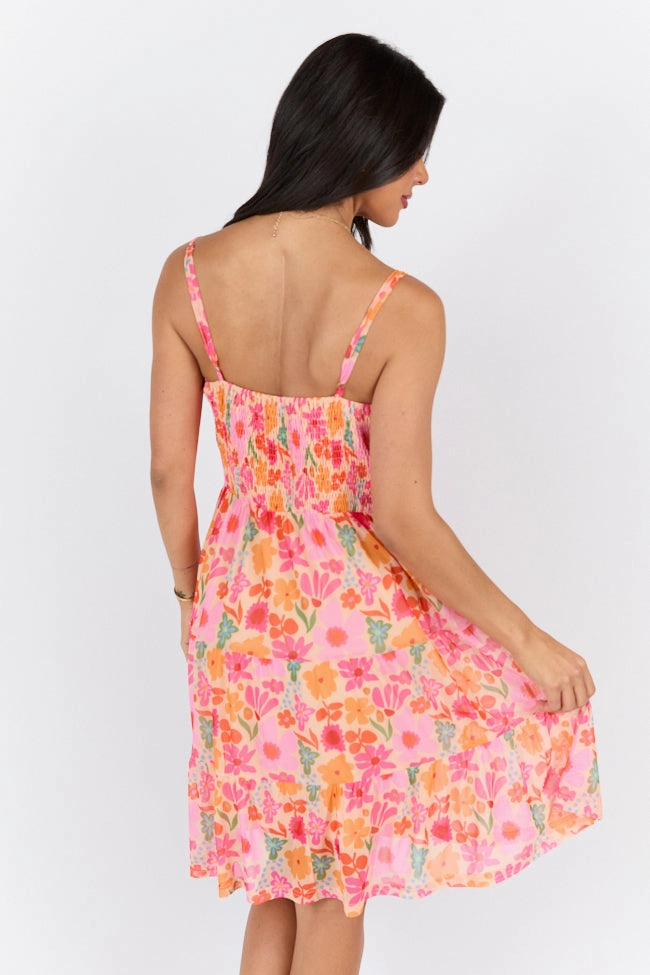I Know A Place Orange And Pink Floral Smocked Mini Dress FINAL SALE Cool Drape Life Soft