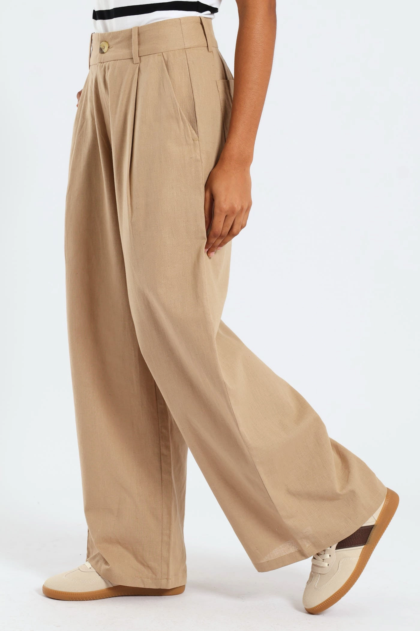 Linen Tailored Wide Leg Pants - Tan Stay Dry ErgonomicStitching