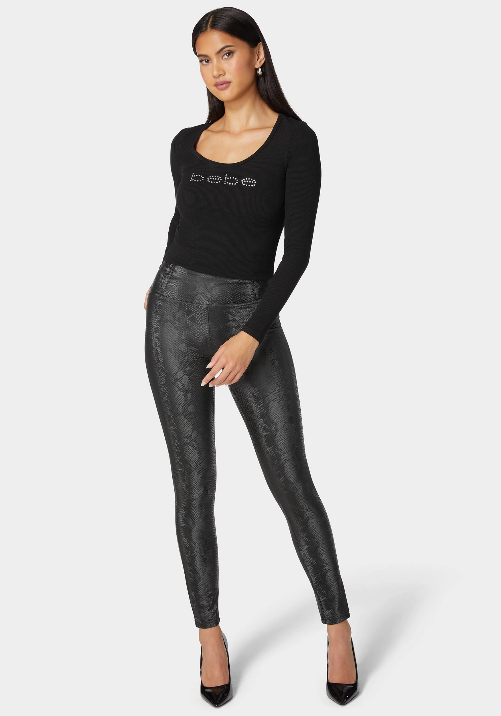 High Waist Embossed Vegan Leather Legging Adjustable-design-attribute Double-stitched