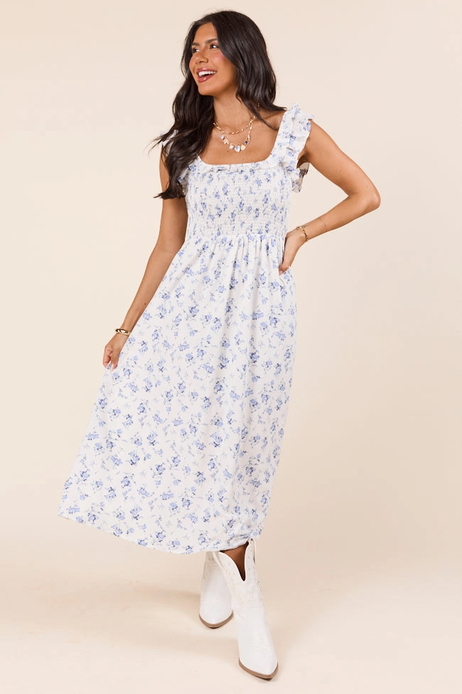 Simple Mood Lizzy Ruffle Smocked Top Blue Floral Maxi Dress SALE