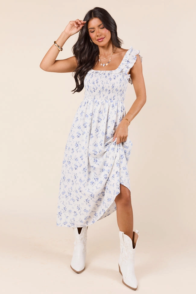 Lizzy Ruffle Smocked Top Blue Floral Maxi Dress SALE Shape Hug Light Mood