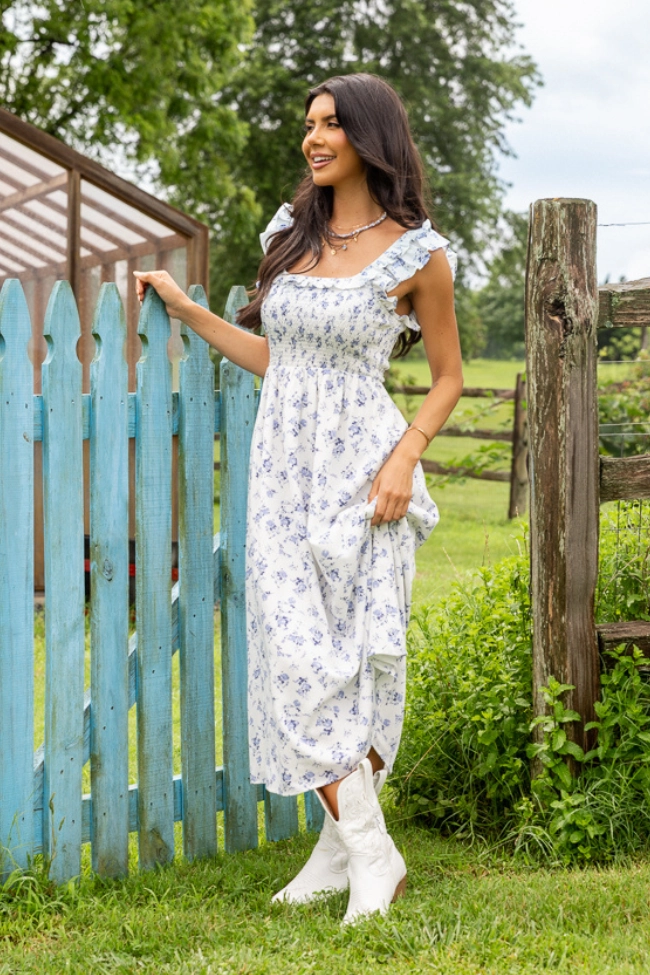 Refined Aesthetic Lizzy Ruffle Smocked Top Blue Floral Maxi Dress SALE