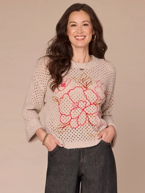 Cozy Feel Long Cuffed Sleeve Round Neck Floral Embroidered Petite Sweater