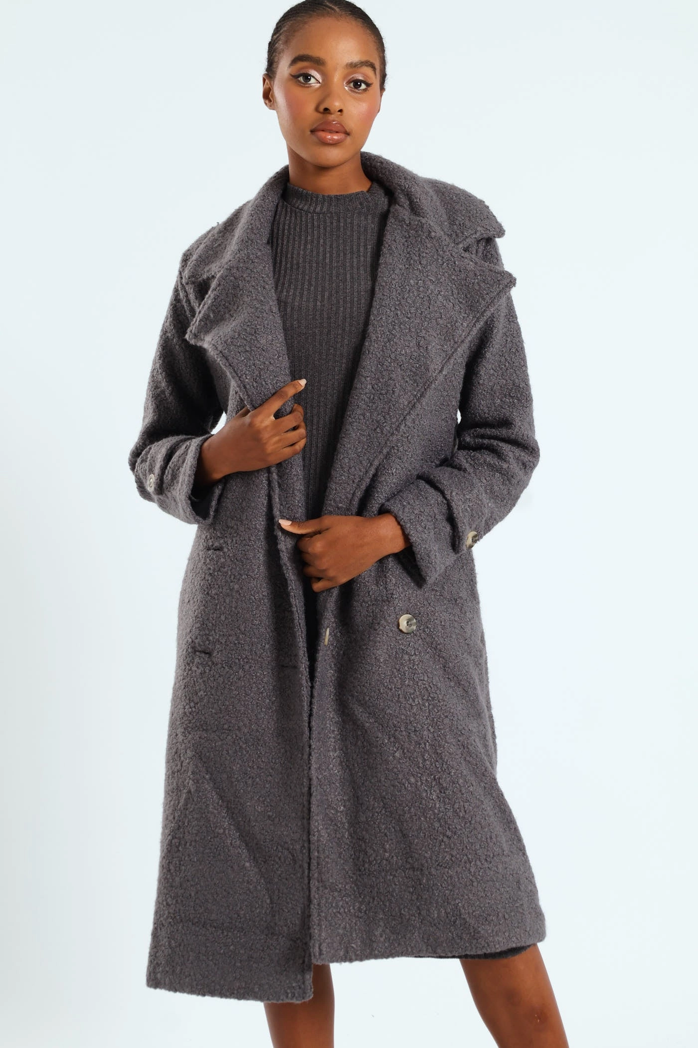 Windproof Design Long Length Boucle Coat With Lining - Grey