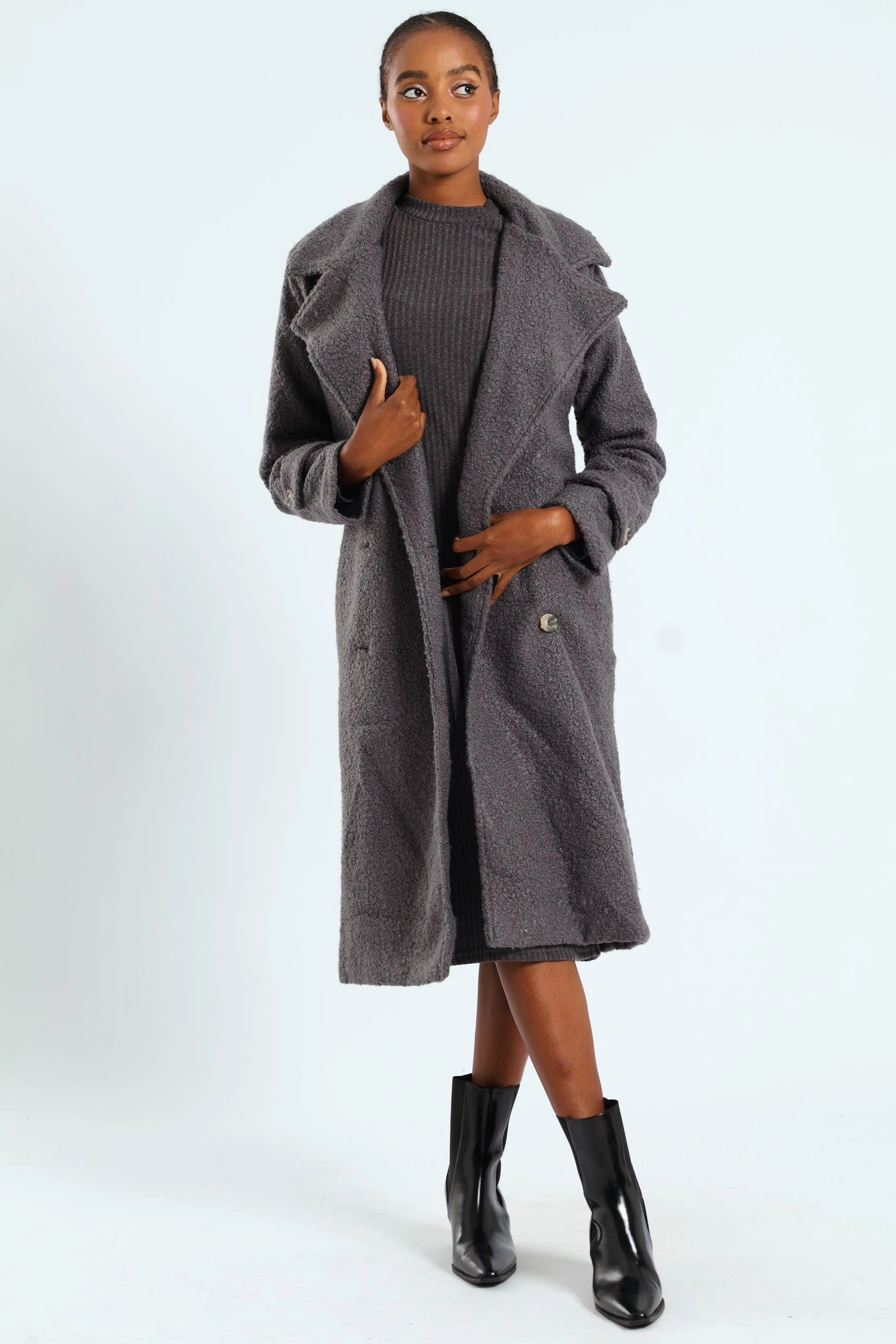Long Length Boucle Coat With Lining - Grey Flexible Elbow Patches