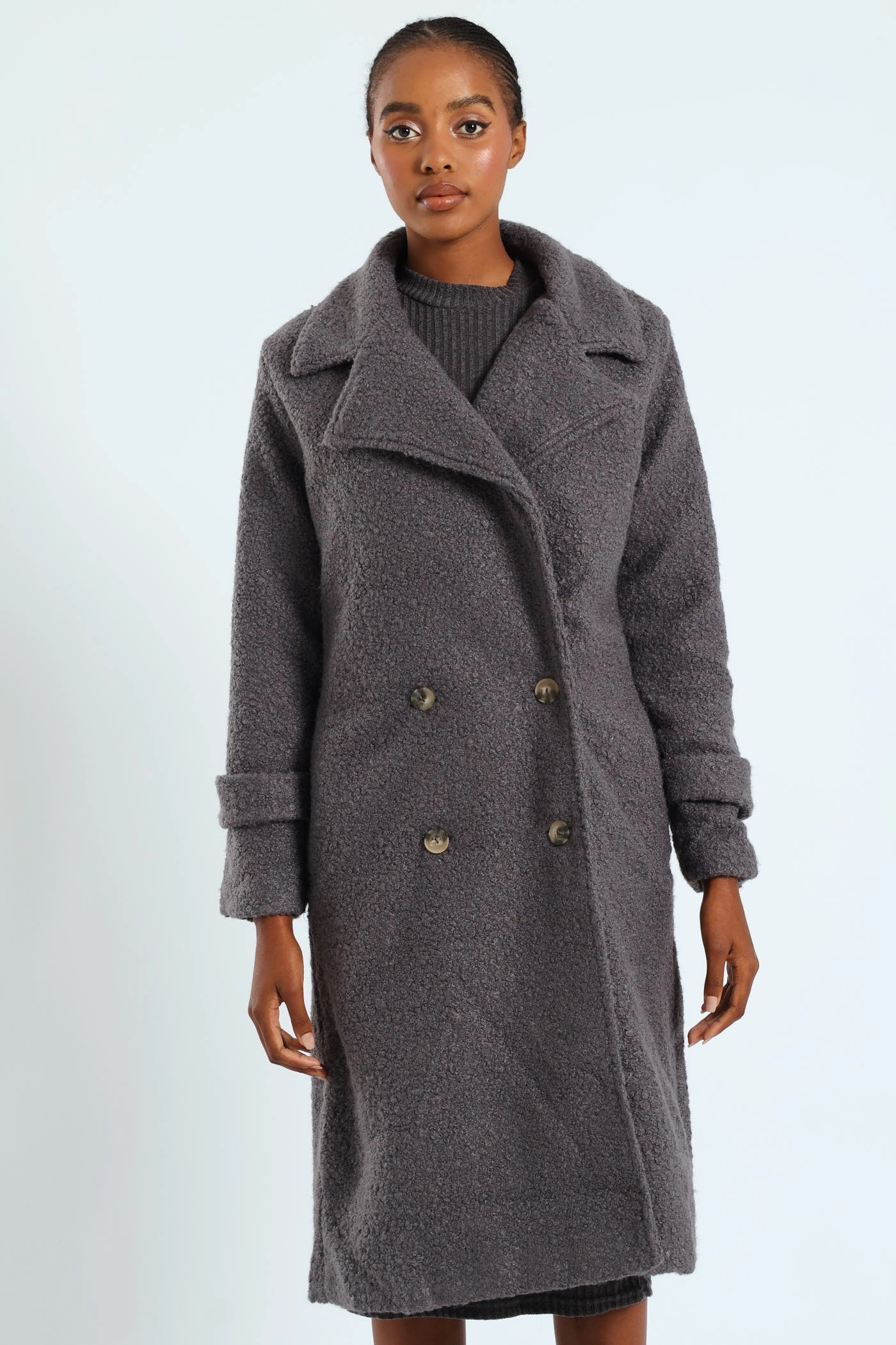 Long Length Boucle Coat With Lining - Grey Insulated Warmth Outdoor Look
