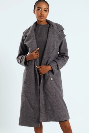 Windproof Design Long Length Boucle Coat With Lining - Grey