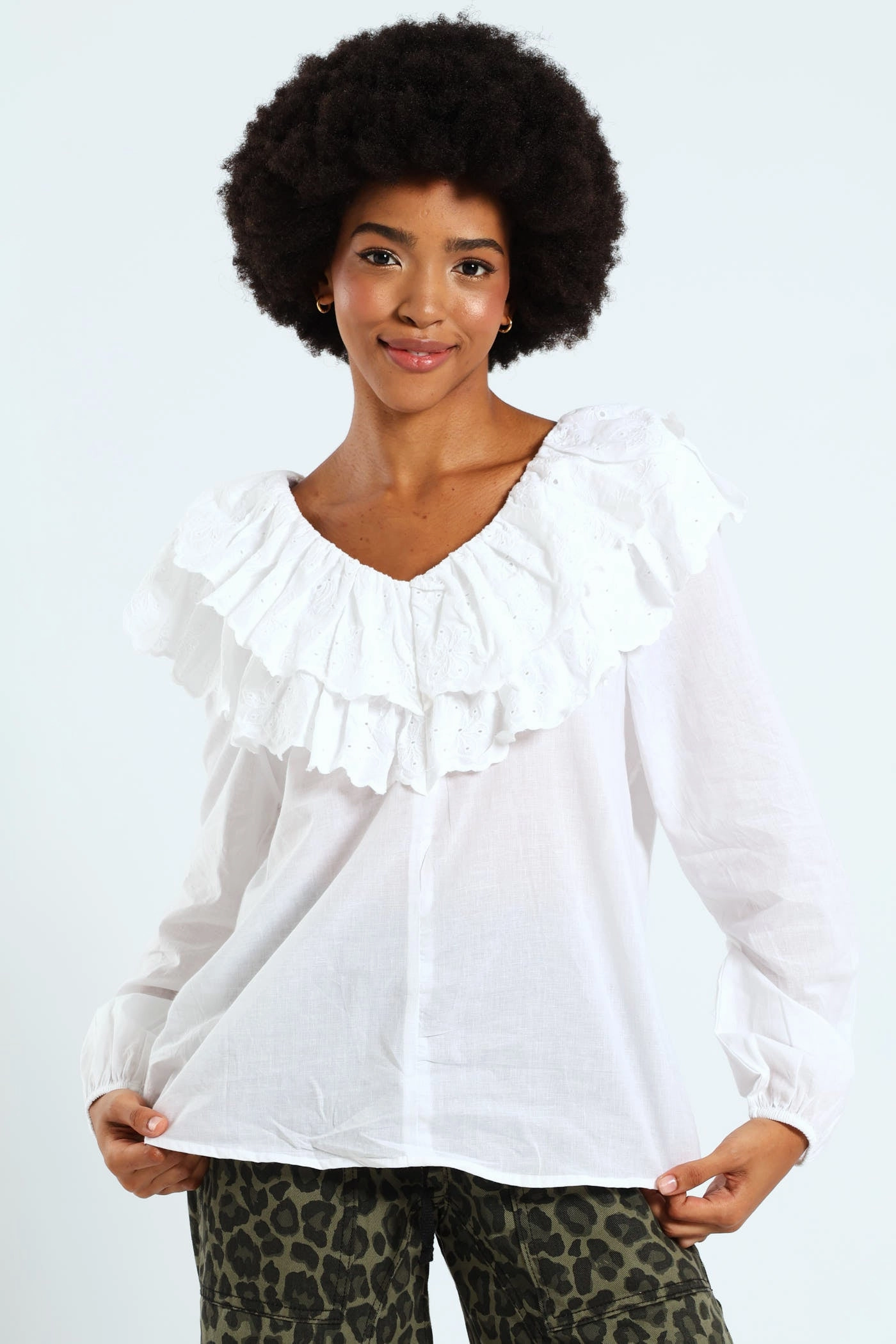 UVProtectionCoating Stretch Fit Long Sleeve Anglaise Ruffle Blouse - White