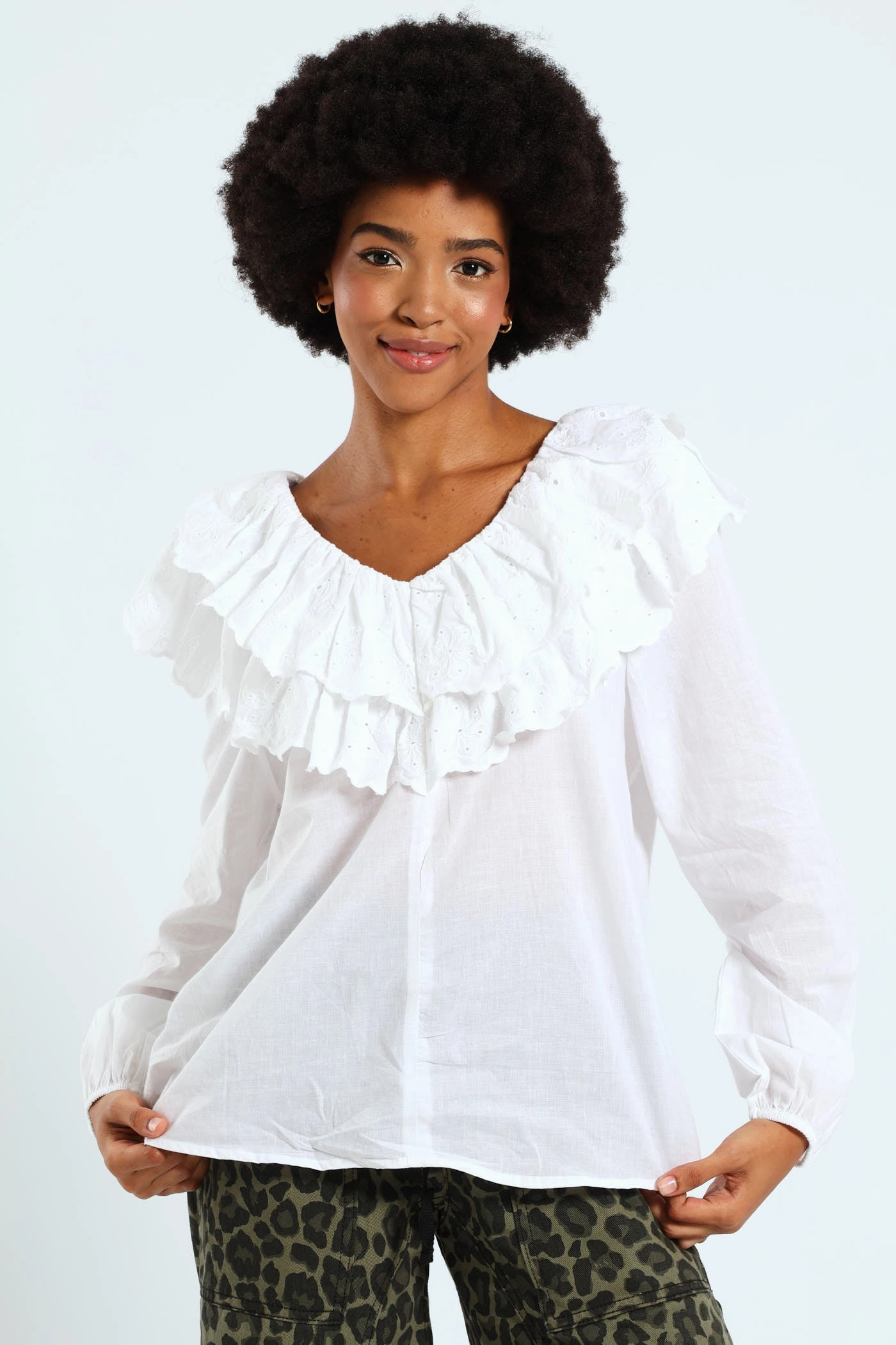 Long Sleeve Anglaise Ruffle Blouse - White Flexible Knit