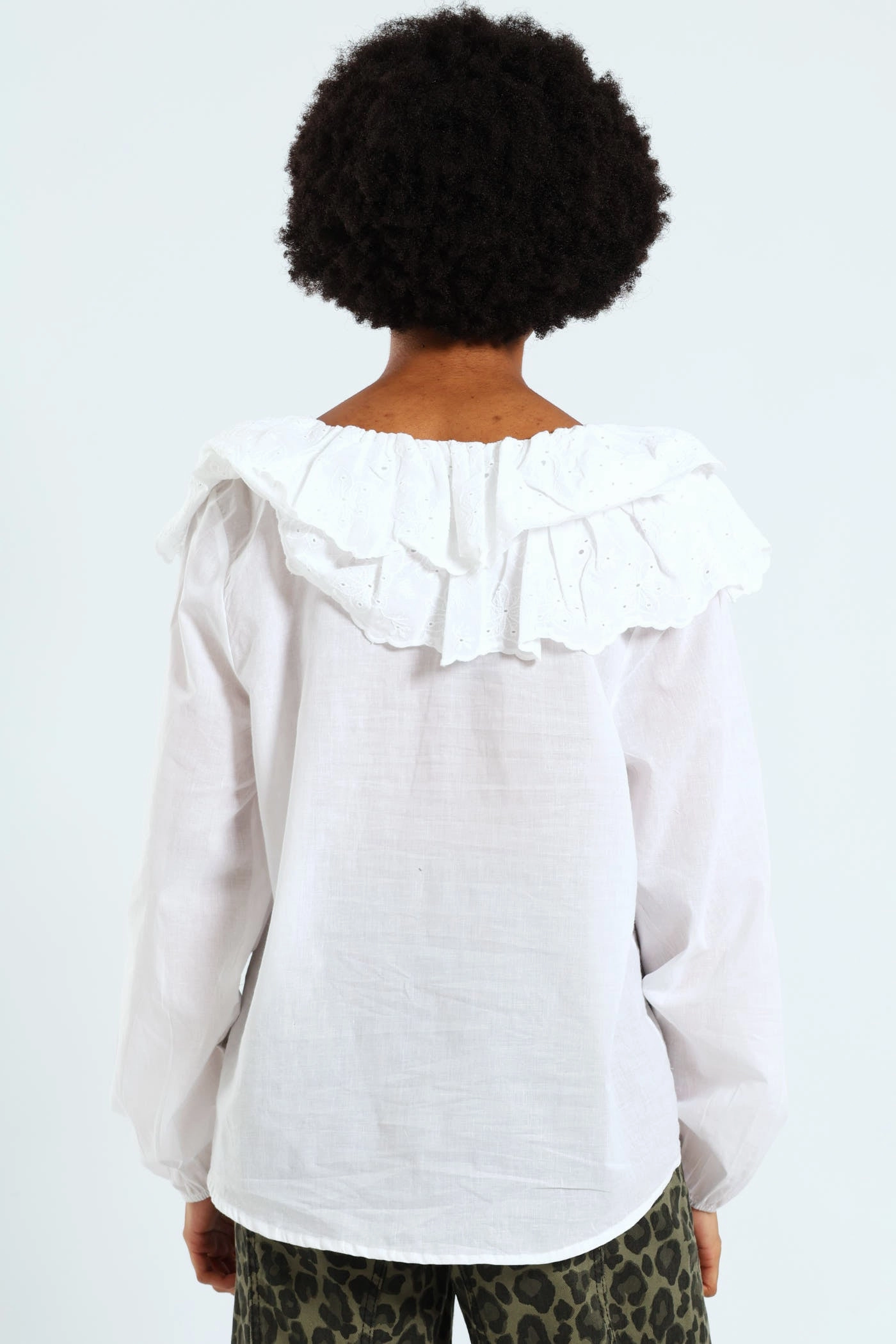 Long Sleeve Anglaise Ruffle Blouse - White MultiLayer Stitching Flexible Ribbed Cuffs