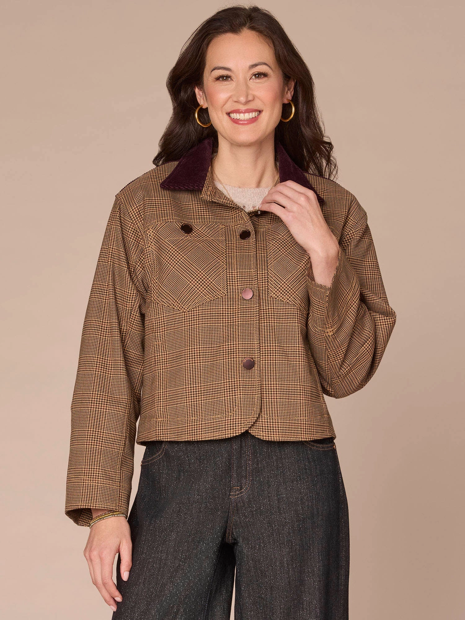 Transition Wear Long Sleeve Button Front Curved Yoke Contrast Corduroy Woven Jacket