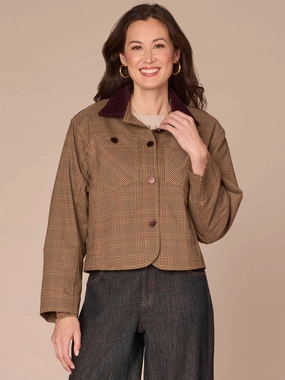 Long Sleeve Button Front Curved Yoke Contrast Corduroy Woven Jacket No Collar
