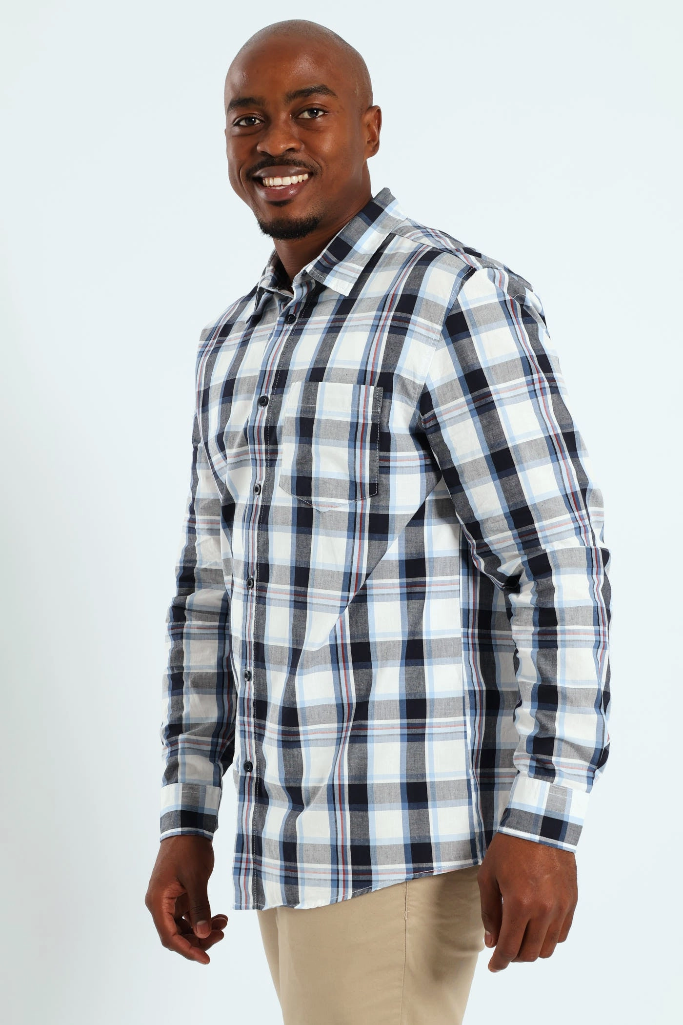 Light Fit Wear Outdoor Outfit Style Long Sleeve Check Shirt - White/Navy/Ochre
