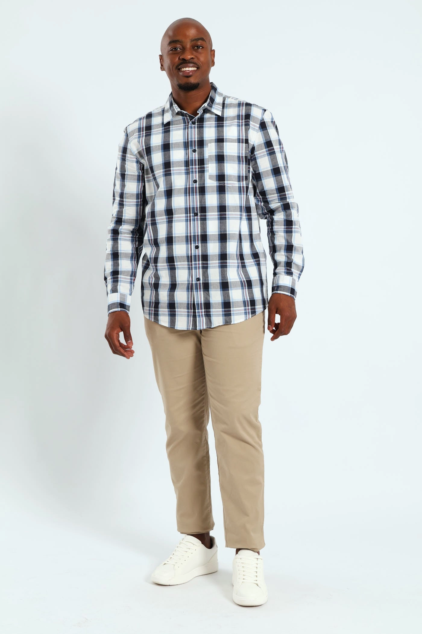 Timeless casual wear Lightweight Comfort Wear Long Sleeve Check Shirt - White/Navy/Ochre