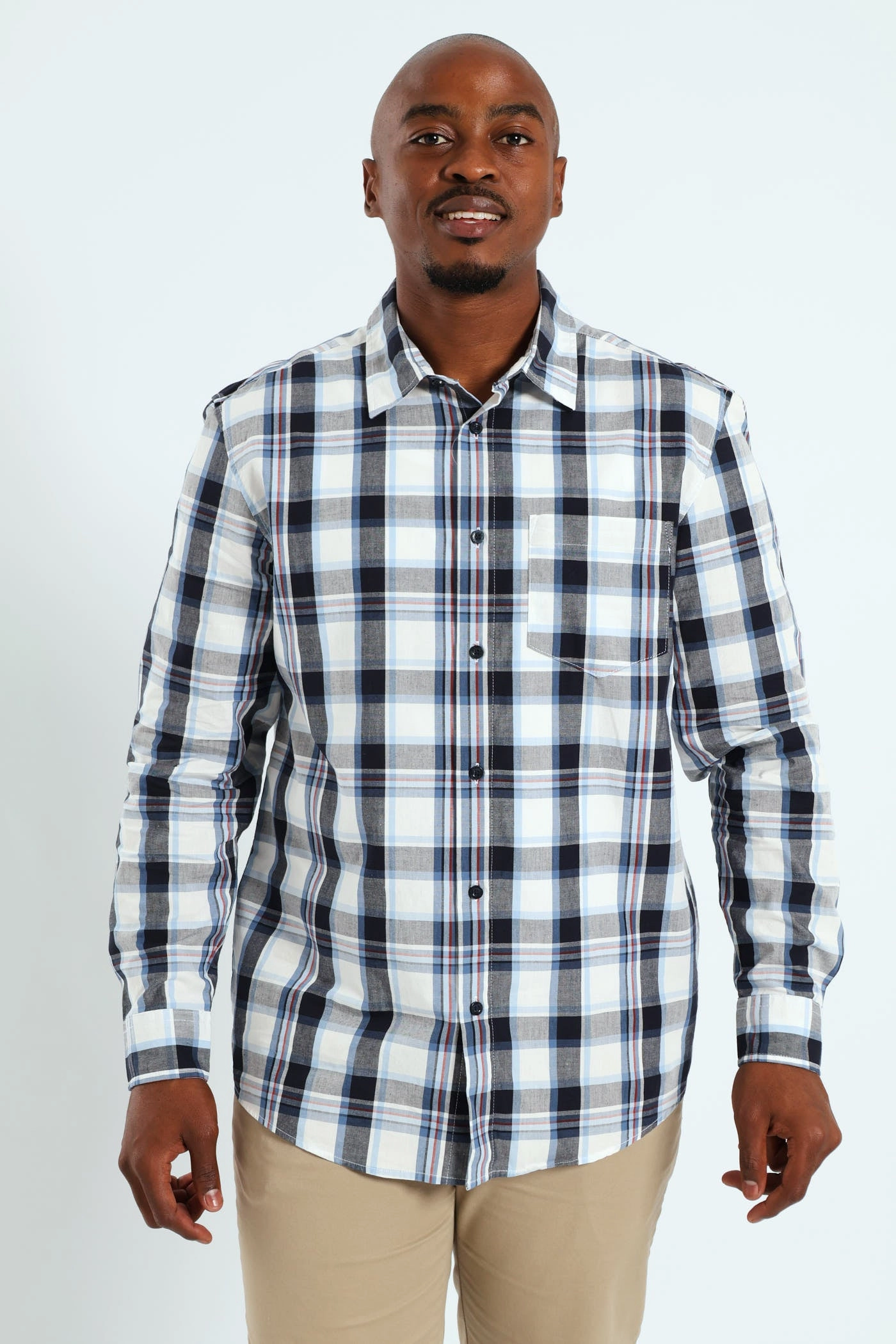 Soft Brushed Finish Outdoor Fashion Long Sleeve Check Shirt - White/Navy/Ochre
