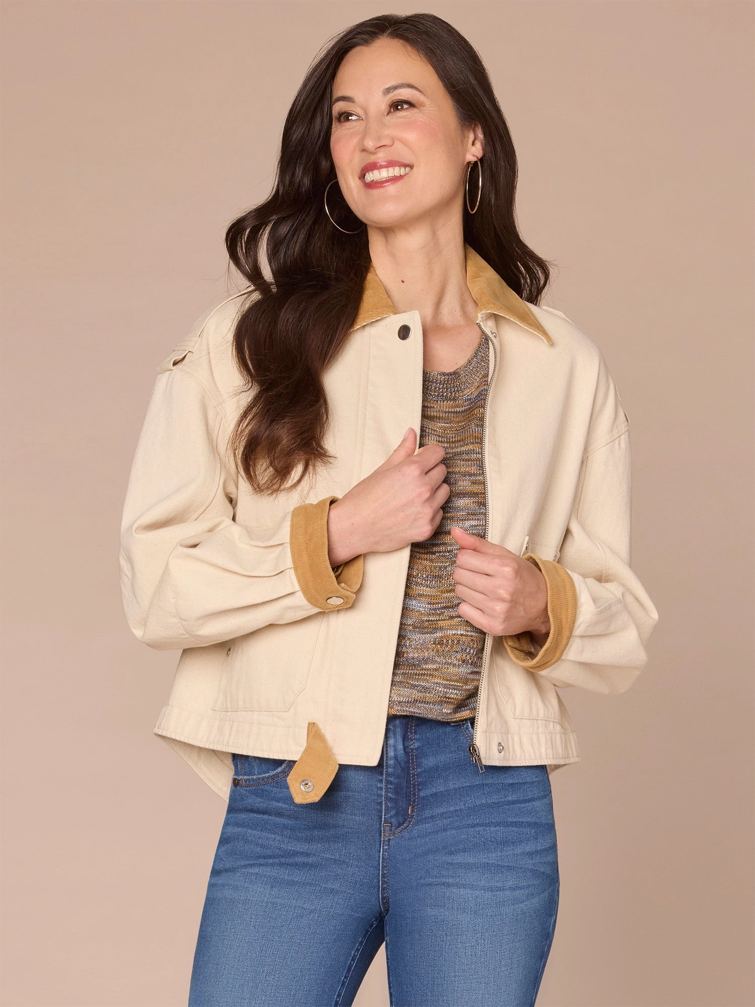 Long Sleeve Corduroy Contrast Back Pleat Petite Denim Jacket Durable AbrasionResistant Panels