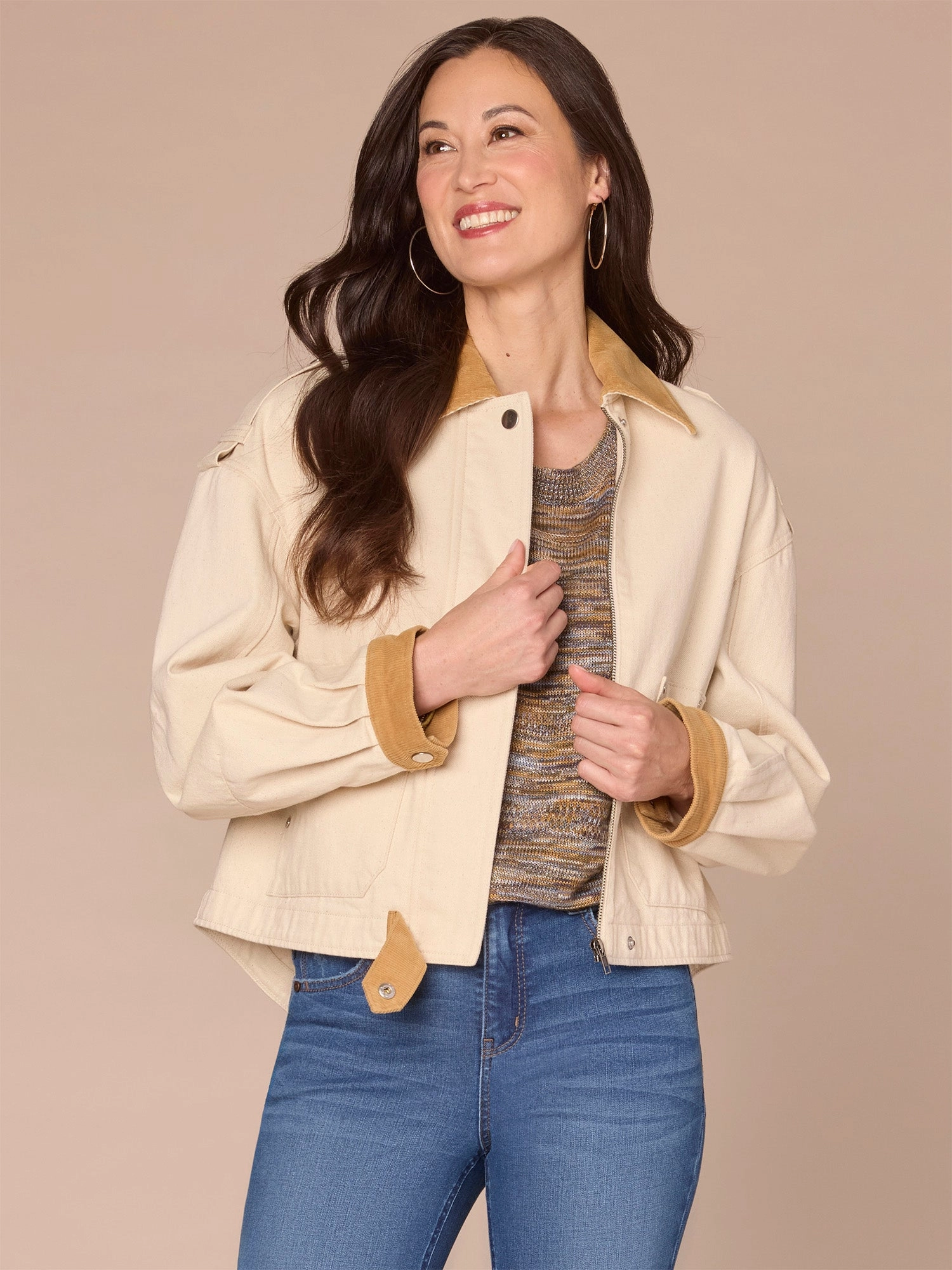 Long Sleeve Corduroy Contrast Back Pleat Petite Denim Jacket Mold resistant Durable Stitching