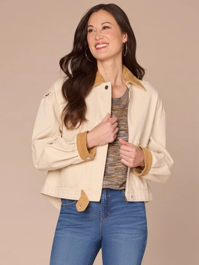 Cool Tone Long Sleeve Corduroy Contrast Denim Jacket with Hidden Zip Front