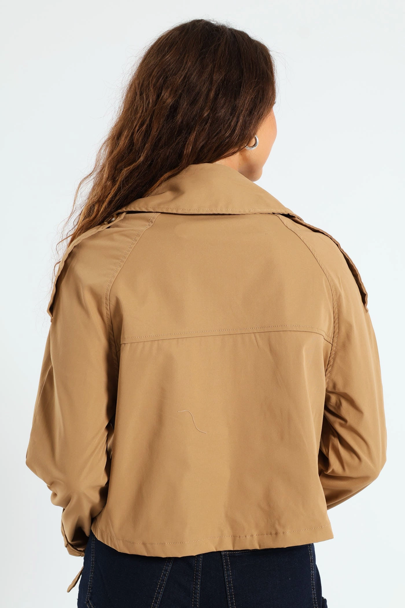 Double stitching Lightweight Fabric Long Sleeve Cropped Trench Jacket - Camel