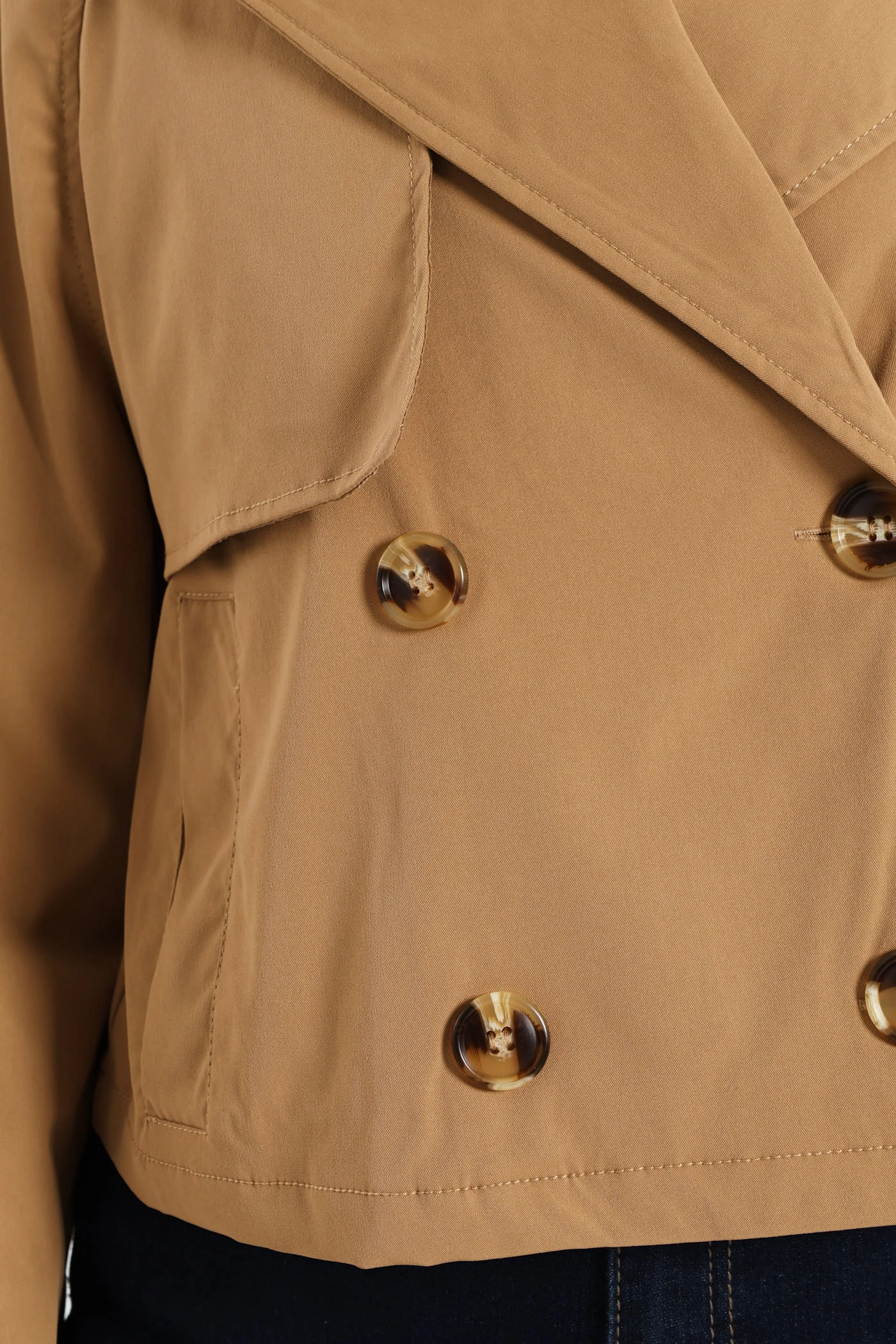 Long Sleeve Cropped Trench Jacket - Camel Reflective Detailing