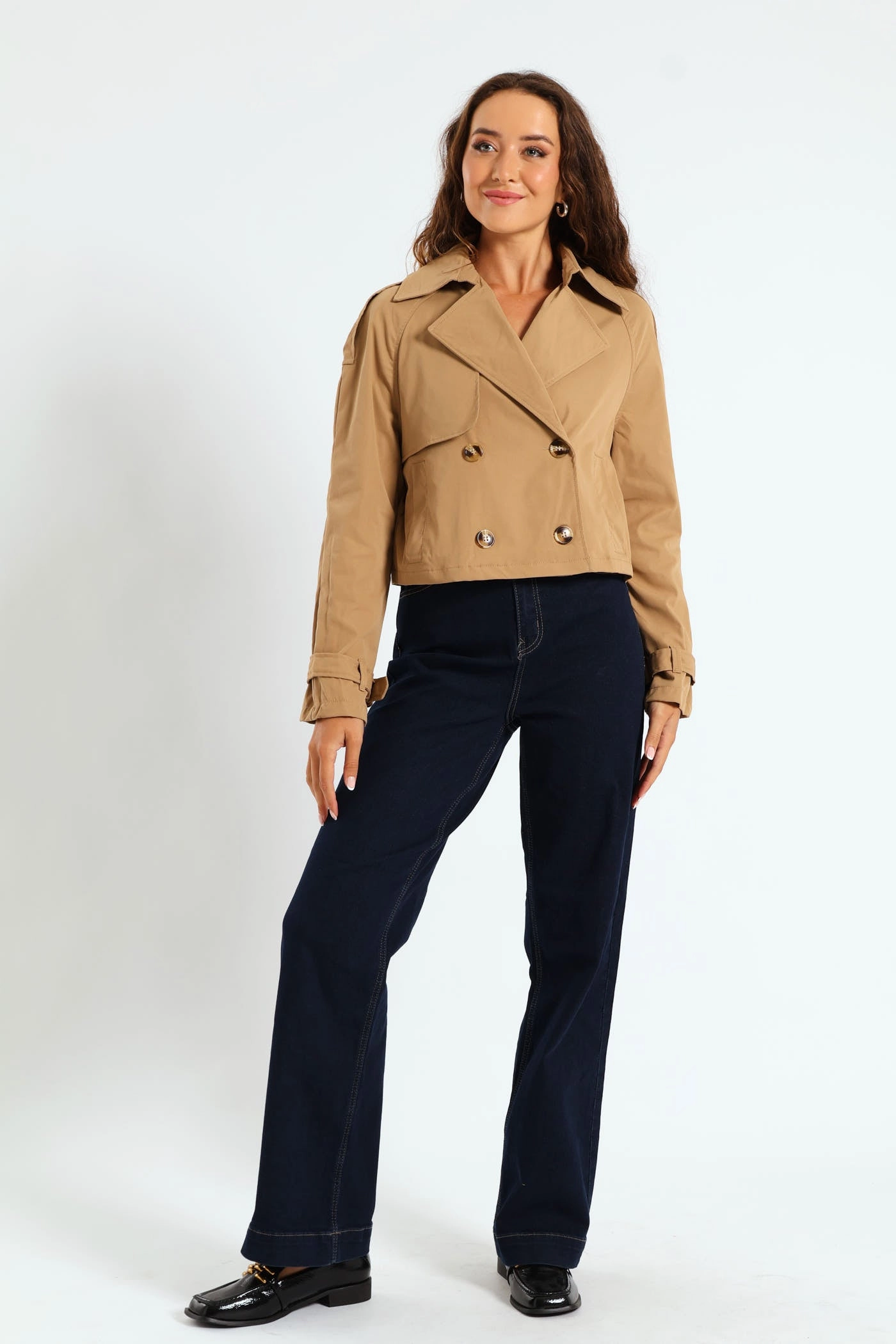 Hidden Ventilation Zones Long Sleeve Cropped Trench Jacket - Camel