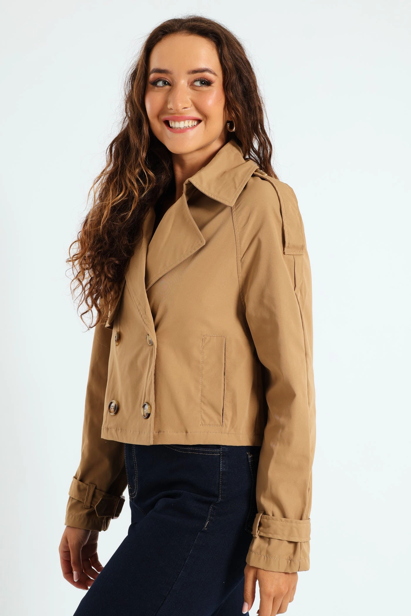 Long Sleeve Cropped Trench Jacket - Camel quick dry Convertible Collar Style