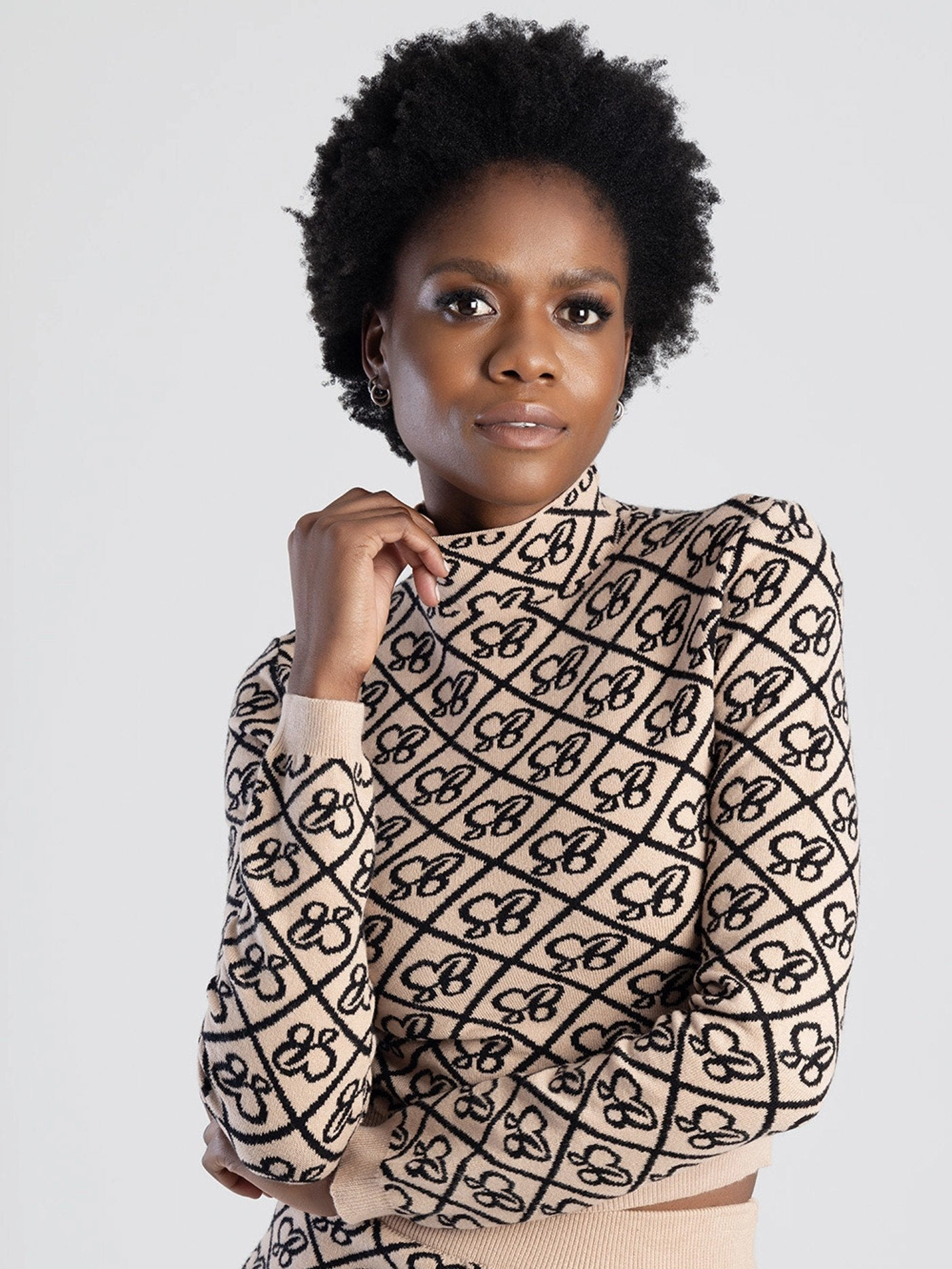 Long Sleeve Knit Turtle-Neck Logo Crop Top - Stone NonPill Surface Treatment HighDurabilityWeave