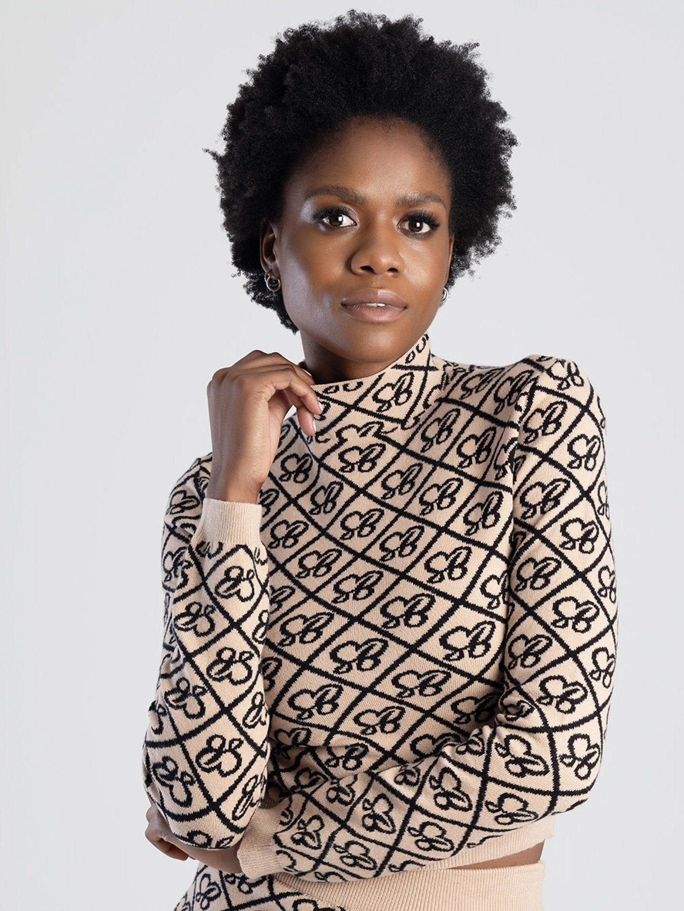 DroppedShoulder Long Sleeve Knit Turtle-Neck Logo Crop Top - Stone