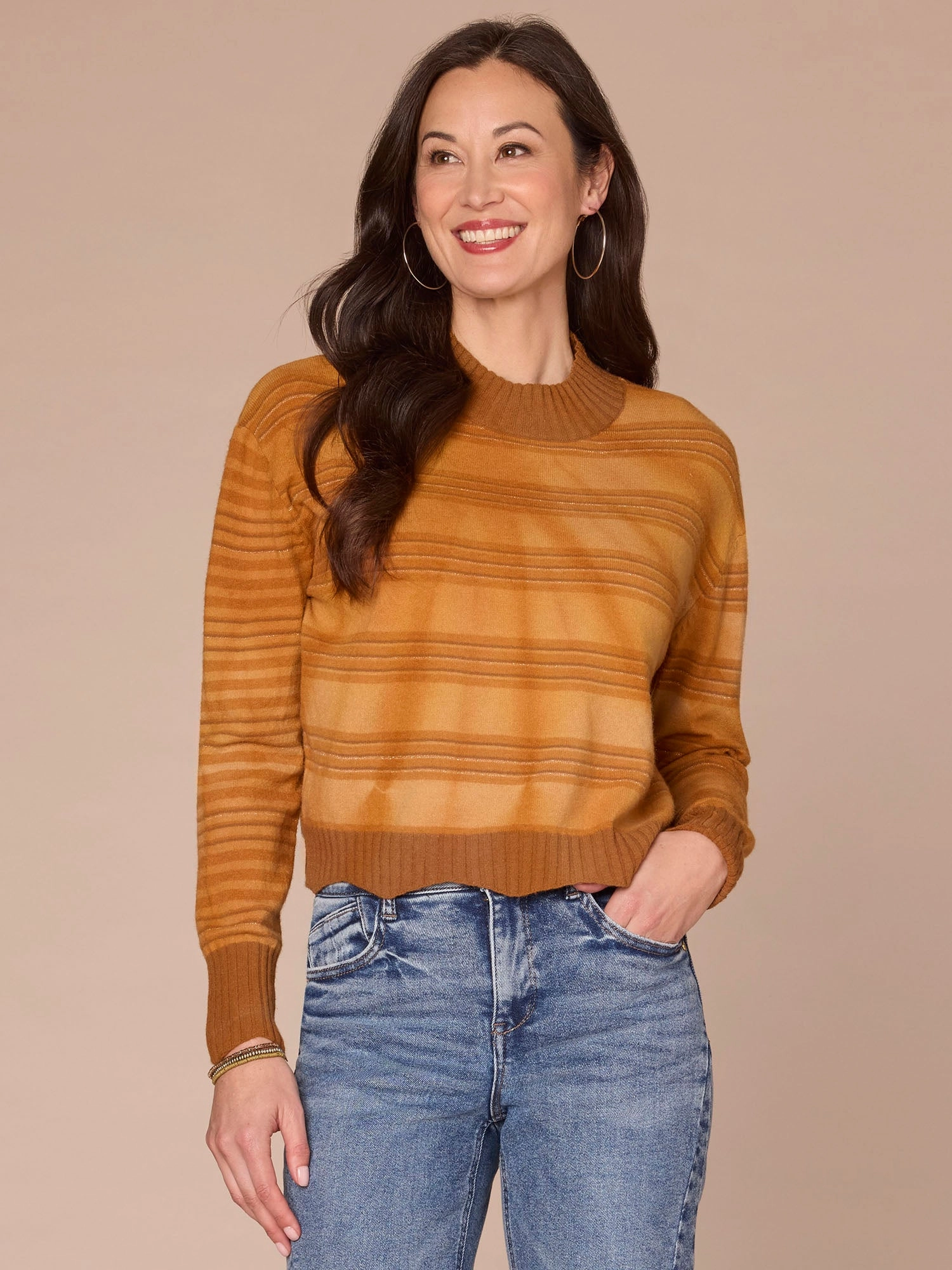 Drop Shoulder Knitted Fashion Long Sleeve Mock Neck Wavy Scallop Hem Stripe Mix Tie Dye Sweater