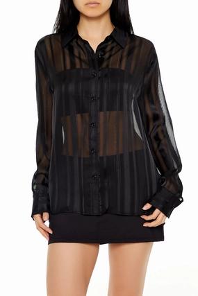 SoftTouchBrushedInterior DoubleLayeredCollar Long Sleeve Oversized Woven Button Down Top - Black