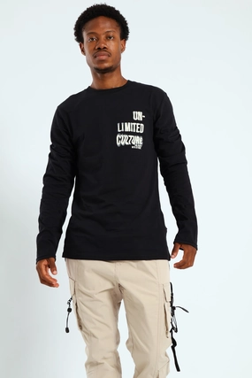 Long Sleeve Placement Print Tee - Black Solid Color