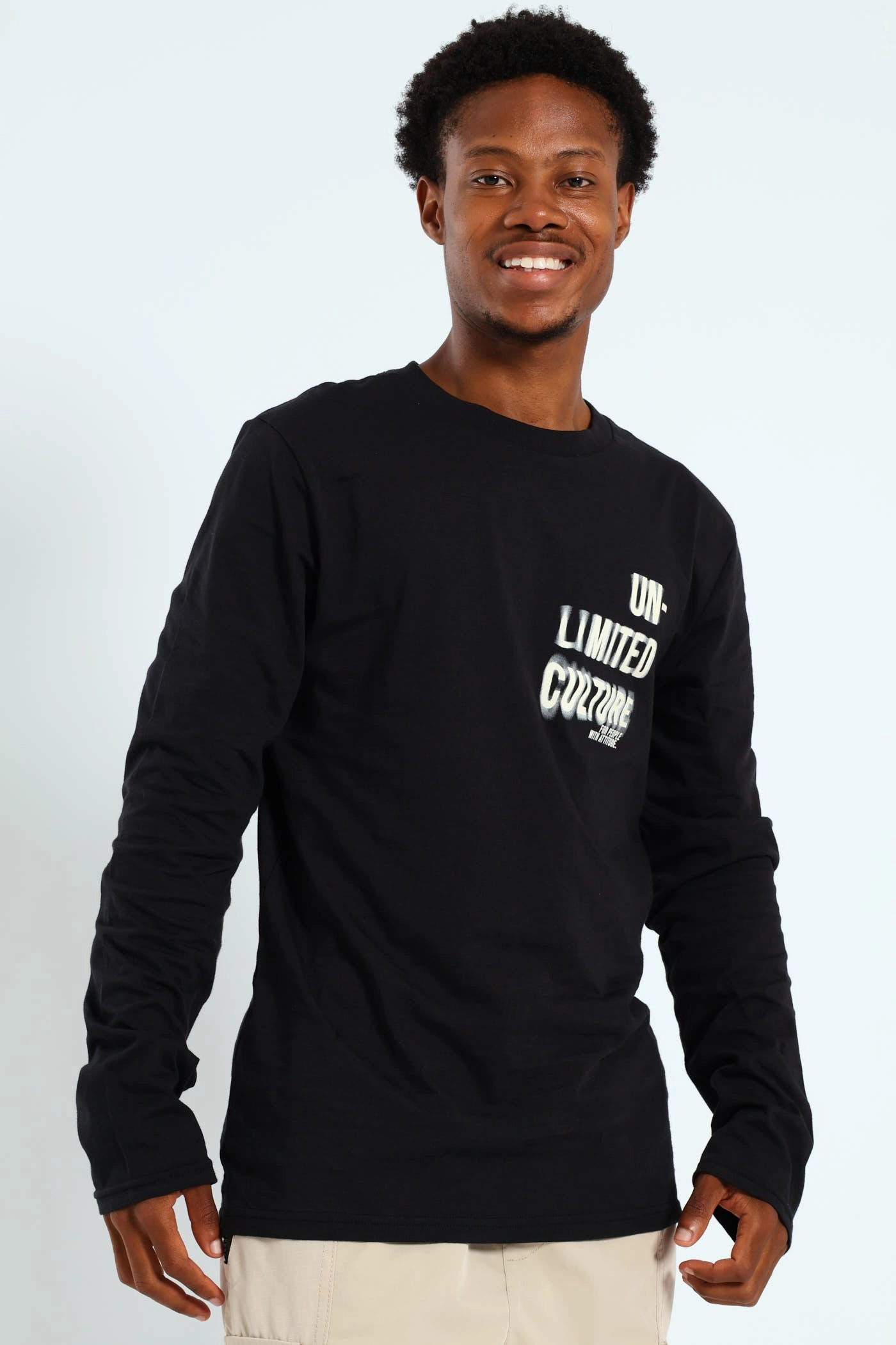 Long Sleeve Placement Print Tee - Black Anti Pilling Fabric