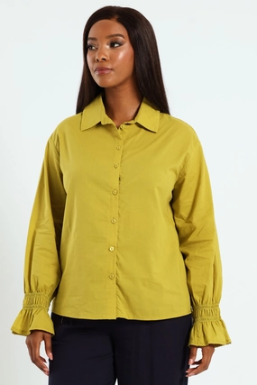 Long Sleeve Shirred Cuff Voile Shirt - Chartreuse Modern Polo