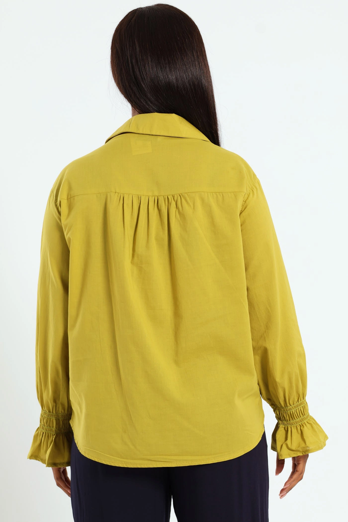 Stretch Woven Material Long Sleeve Shirred Cuff Voile Shirt - Chartreuse