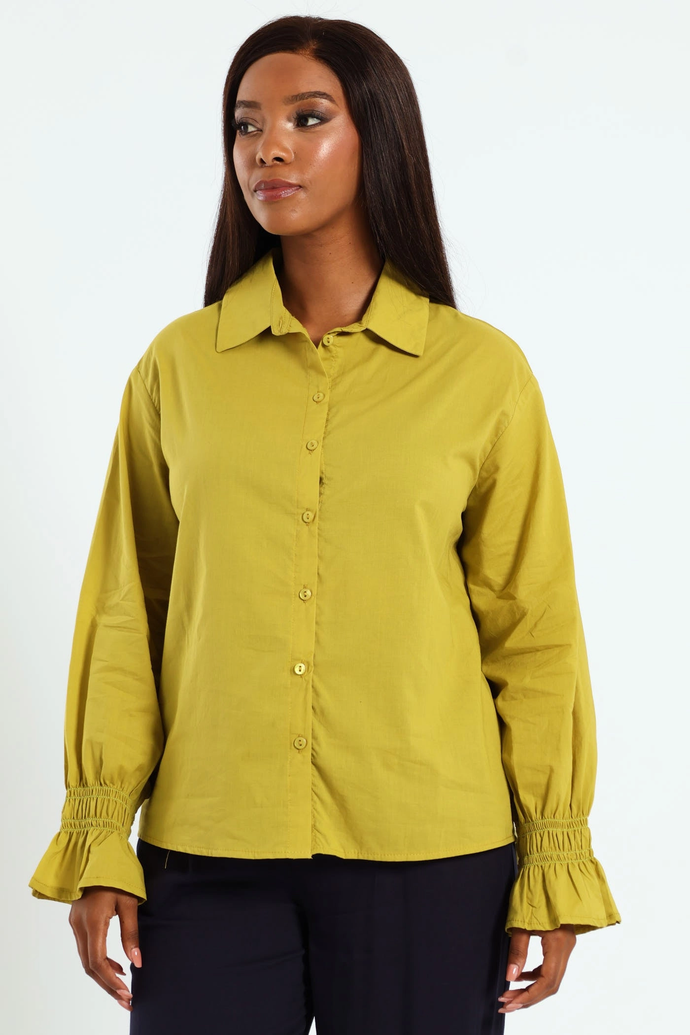Long Sleeve Shirred Cuff Voile Shirt - Chartreuse Modern Polo