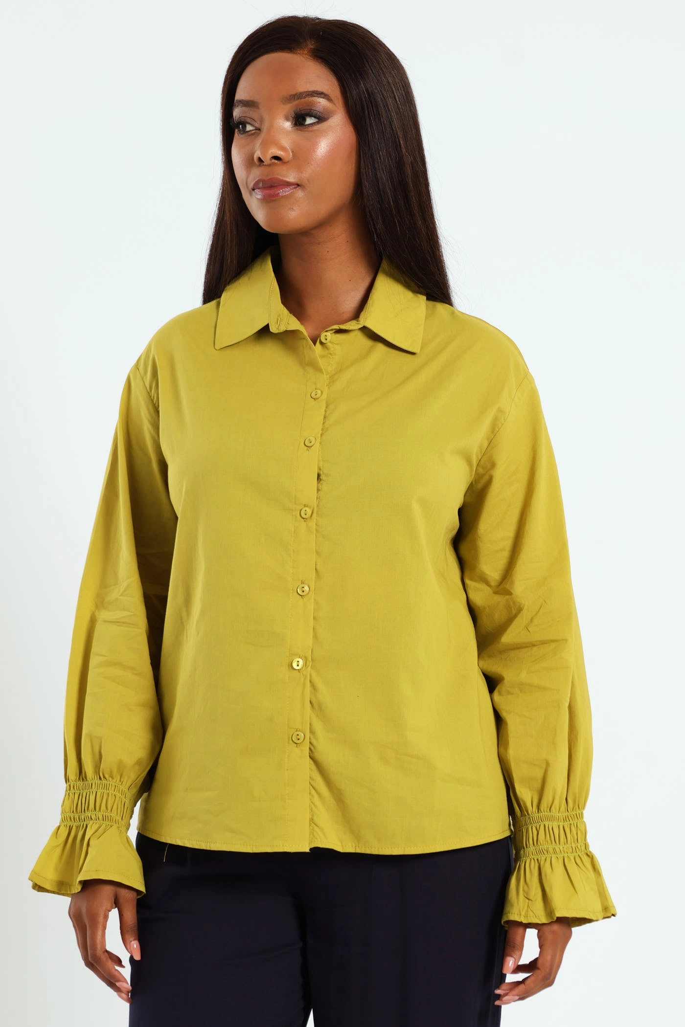 Long Sleeve Shirred Cuff Voile Shirt - Chartreuse Soft Brushed Lining Modern Look