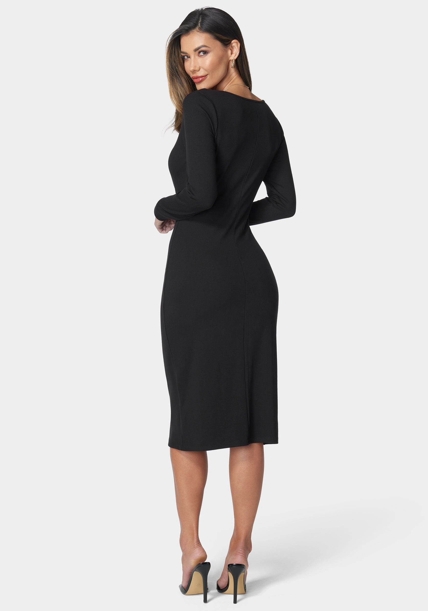 Pure Motion Light And Airy Long Sleeve Square Neck Rib Midi Dress