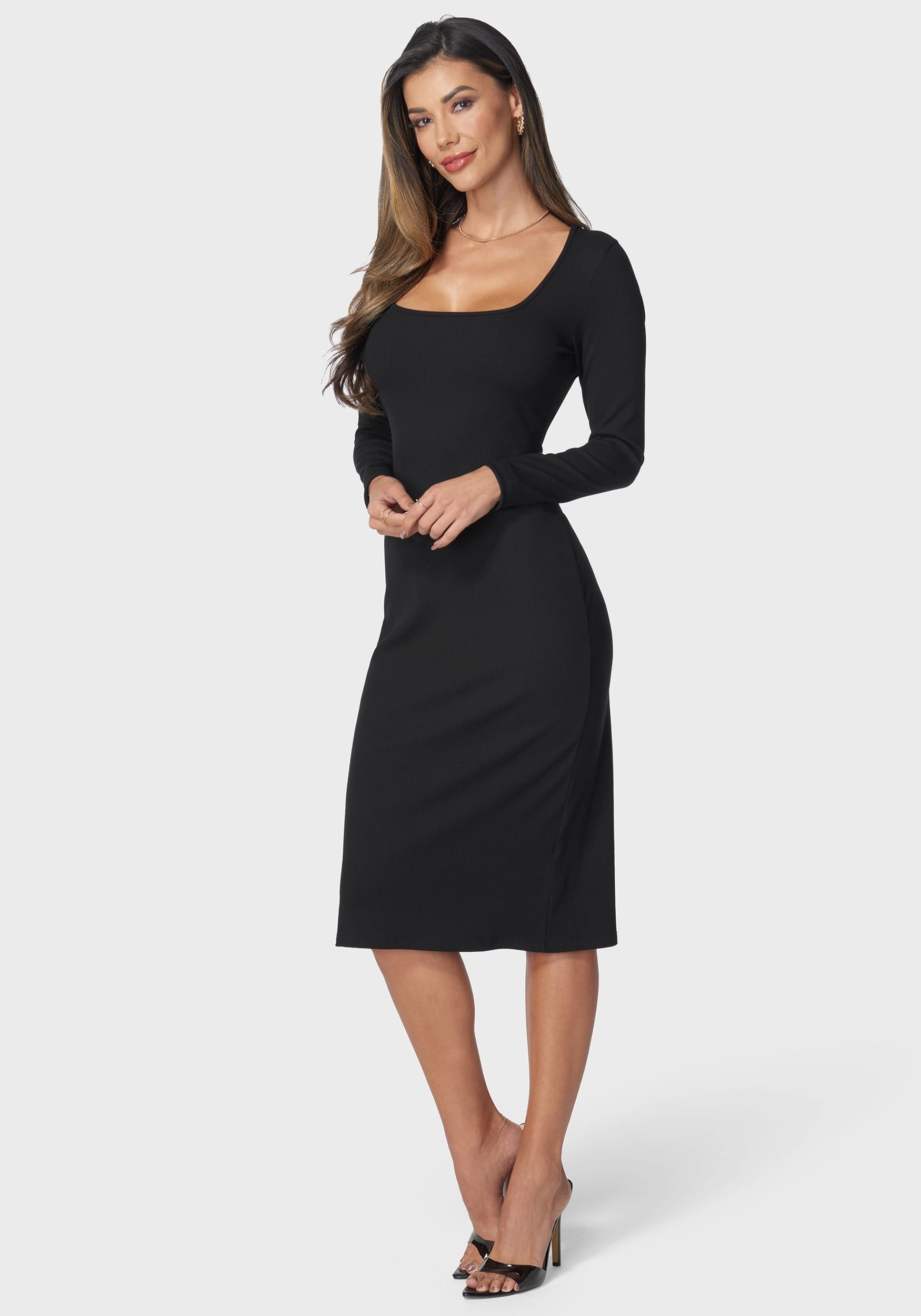 Long Sleeve Square Neck Rib Midi Dress Fall Ready Light Touch