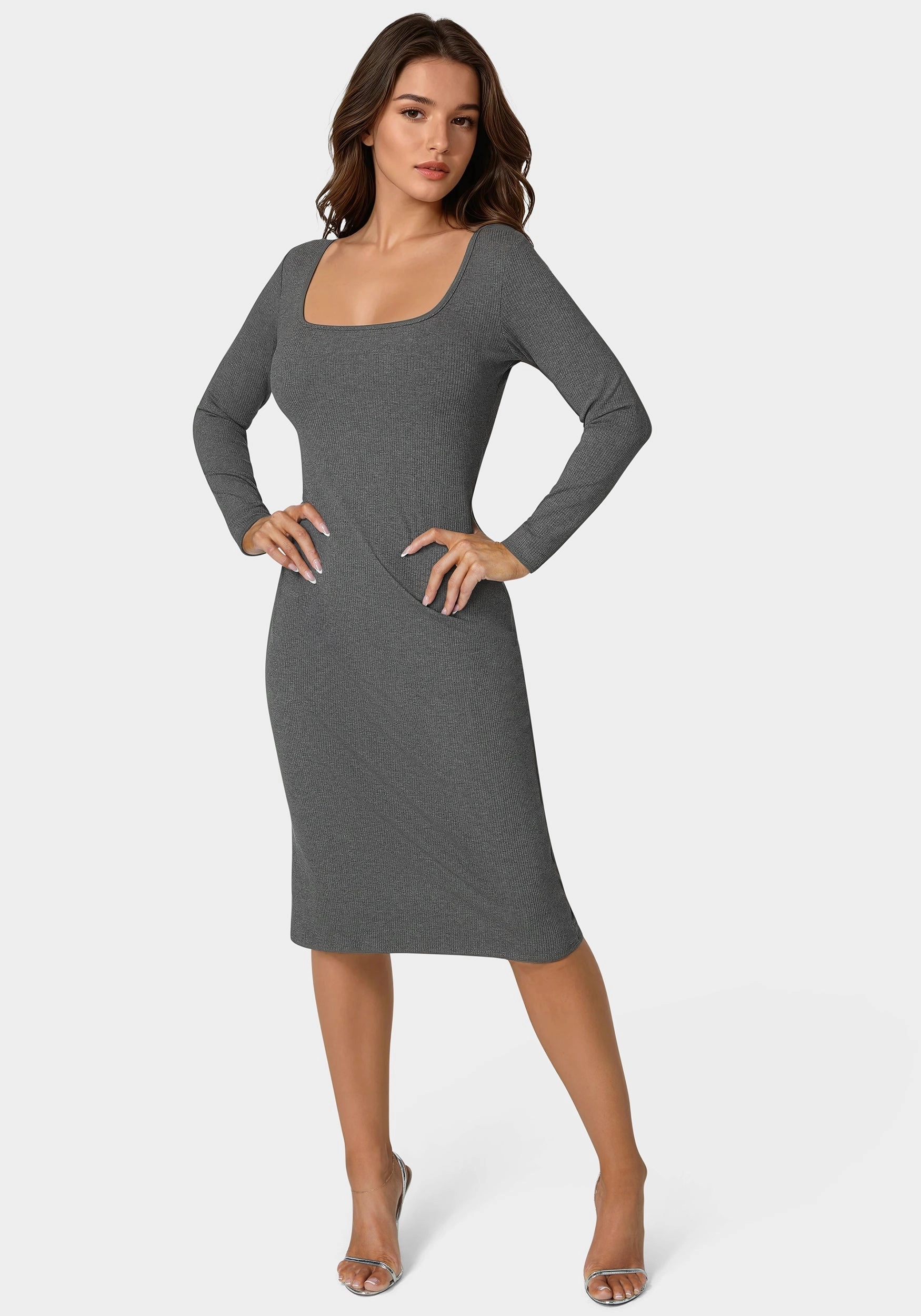 Long Sleeve Square Neck Rib Midi Dress Semi Fit All Time
