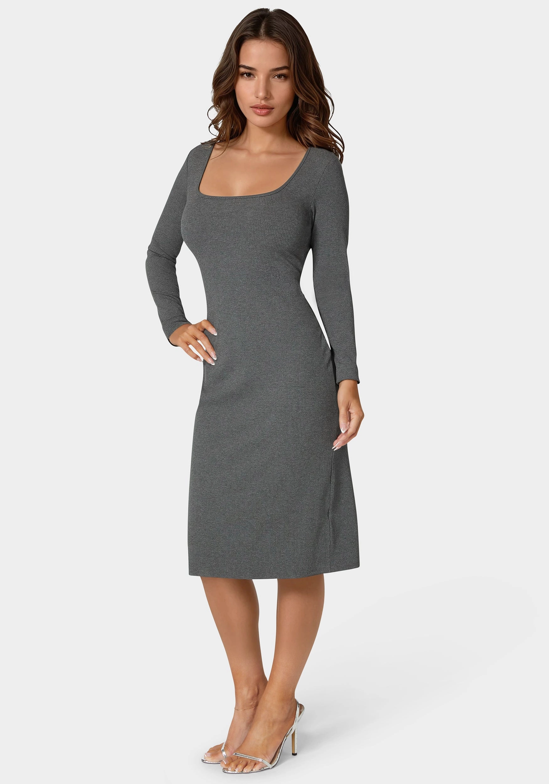 Soft Finish Sophisticated Touch Long Sleeve Square Neck Rib Midi Dress