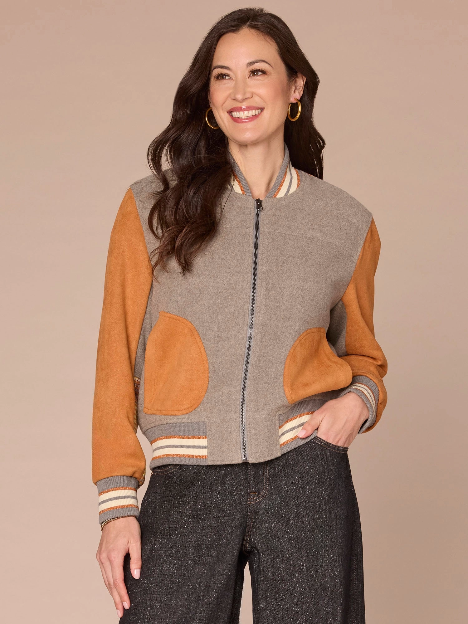 Everyday Look Long Sleeve Stand Collar Round Patch Pocket Mixed Media Woven Jacket