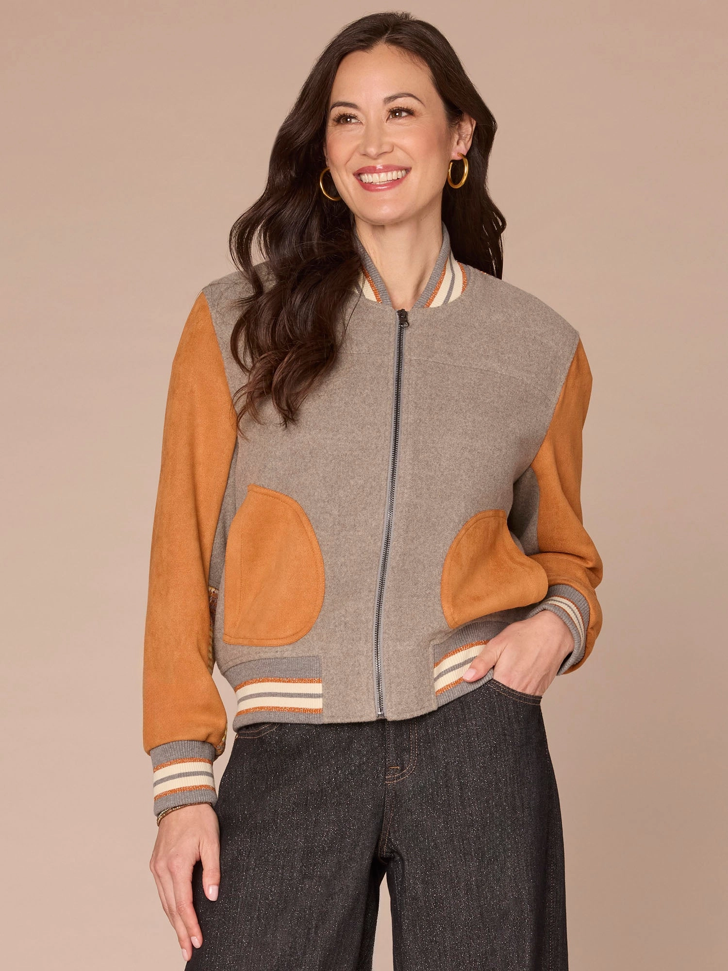 Long Sleeve Stand Collar Round Patch Pocket Mixed Media Woven Jacket Statement Outerwear