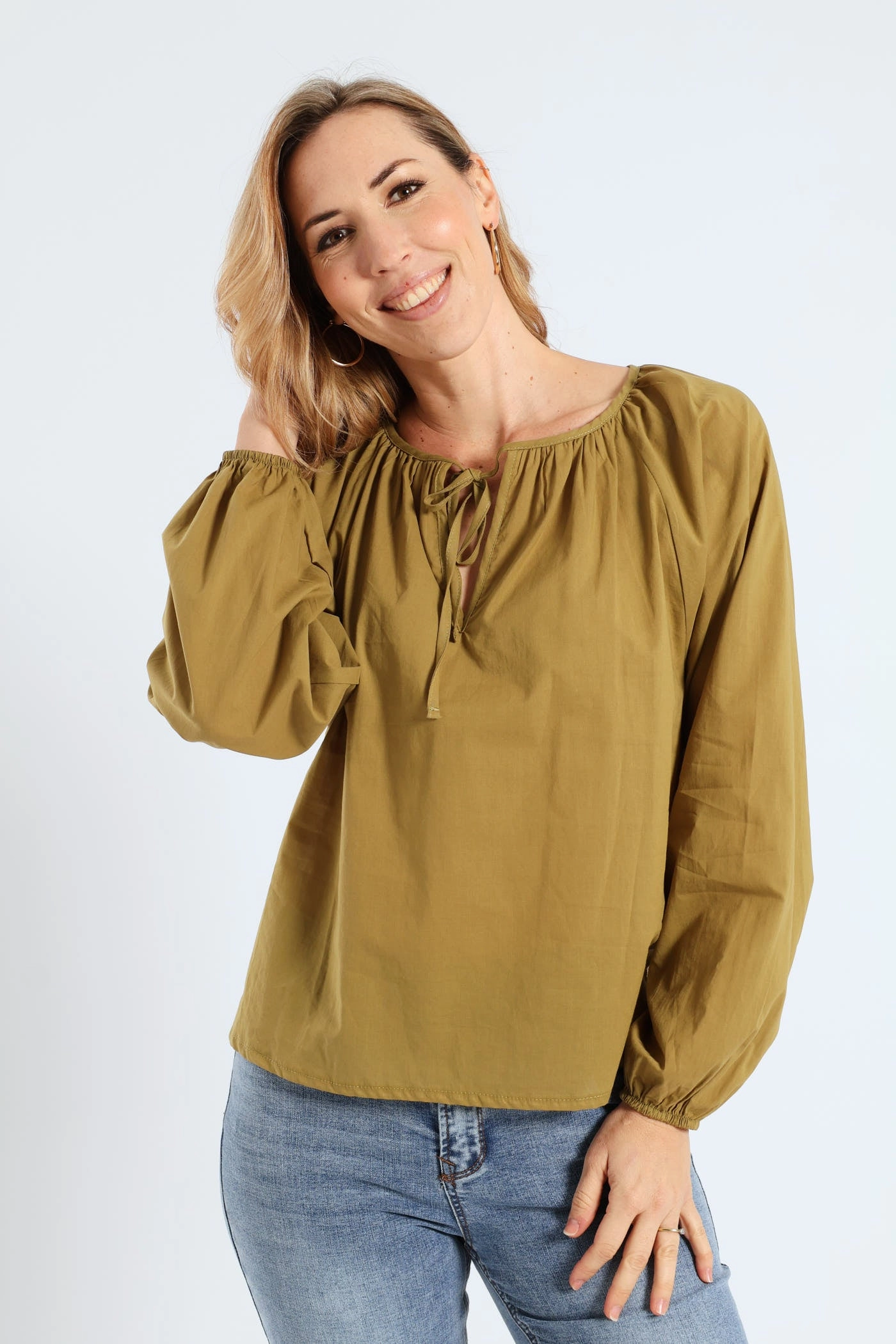Airy Mesh Lining Long Sleeve Tie-Neck Voile Boho Blouse - Olive