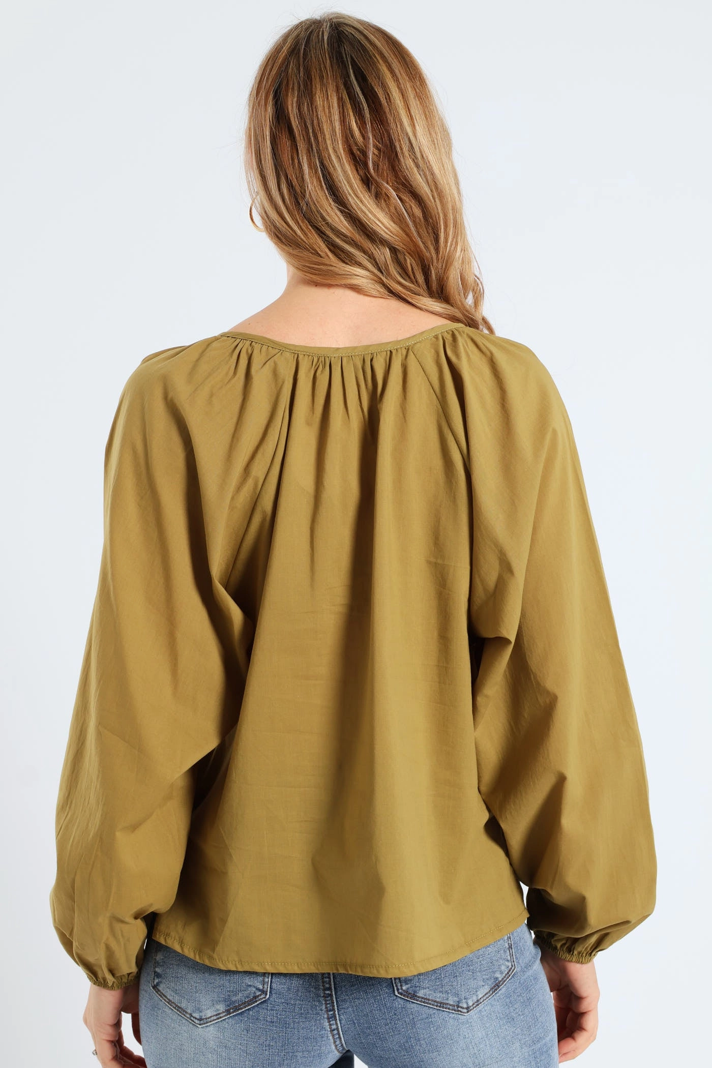 ThermalRegulating Fabric Long Sleeve Tie-Neck Voile Boho Blouse - Olive