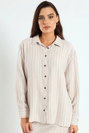 BondedSeams Long Sleeve Vertical Stripe Linen Shirt - Cream/Black
