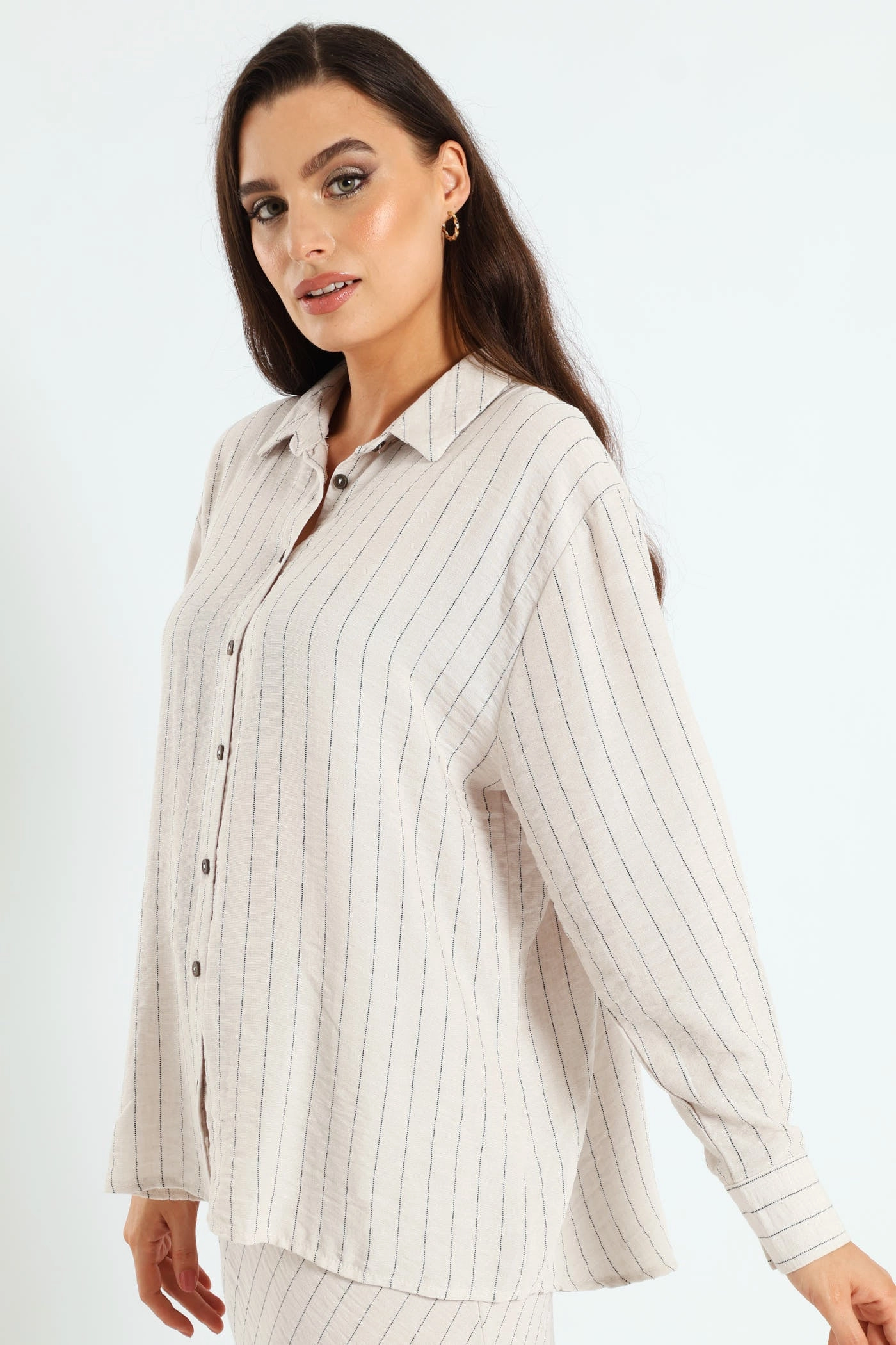Raw Edge Detail Long Sleeve Vertical Stripe Linen Shirt - Cream/Black