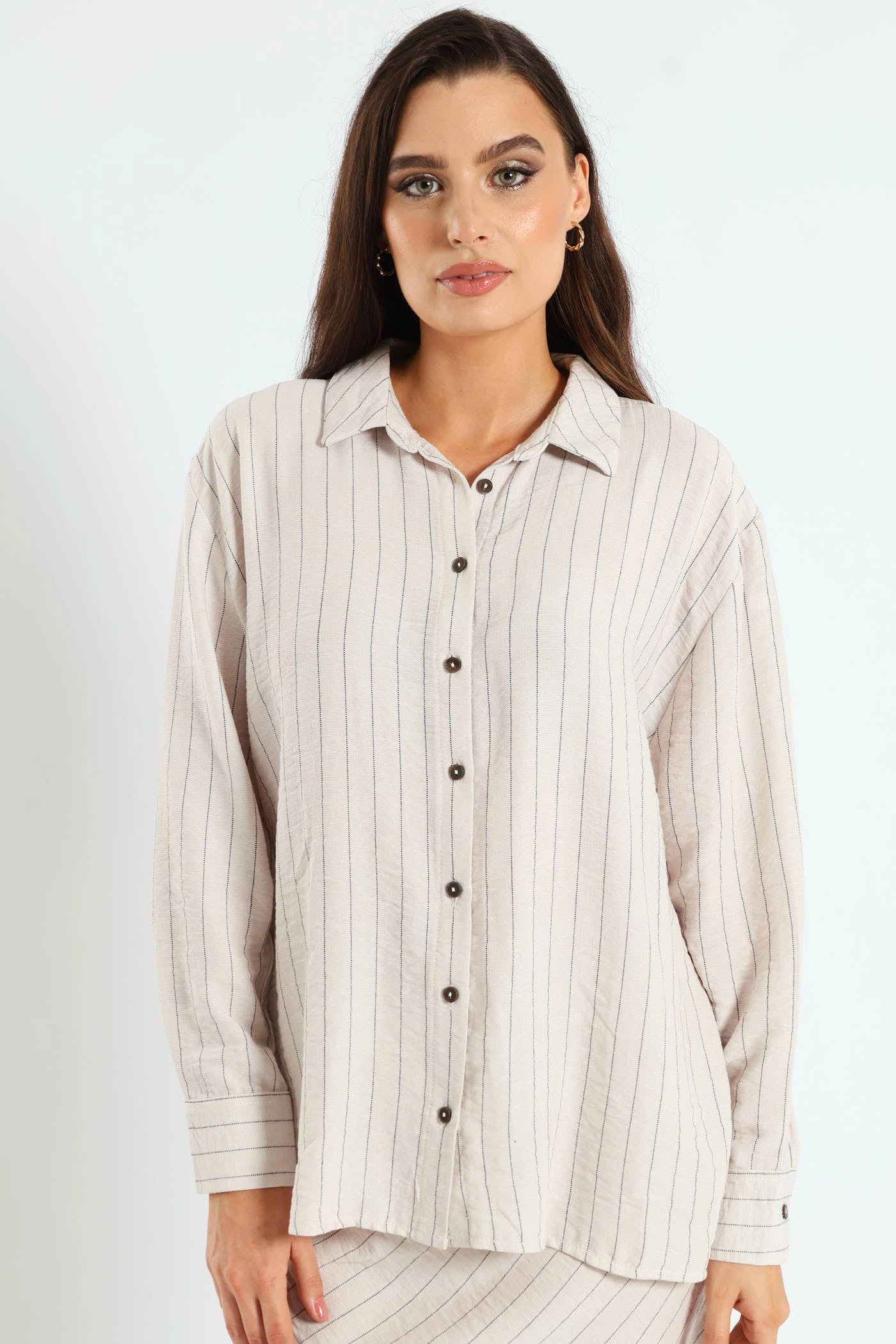 BondedSeams Long Sleeve Vertical Stripe Linen Shirt - Cream/Black
